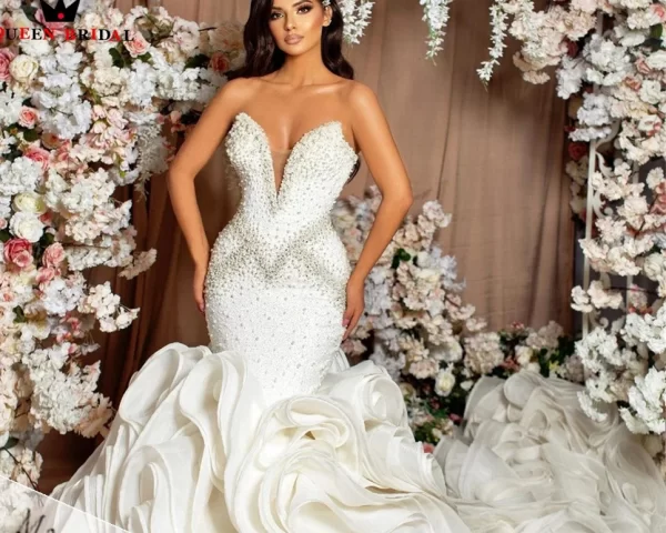 S1270Q 2022 New Hot Style Tube Top V-neck Sexy Beads Handmade Flowers Fishtail Tail Custom Wedding Dress - Image 3